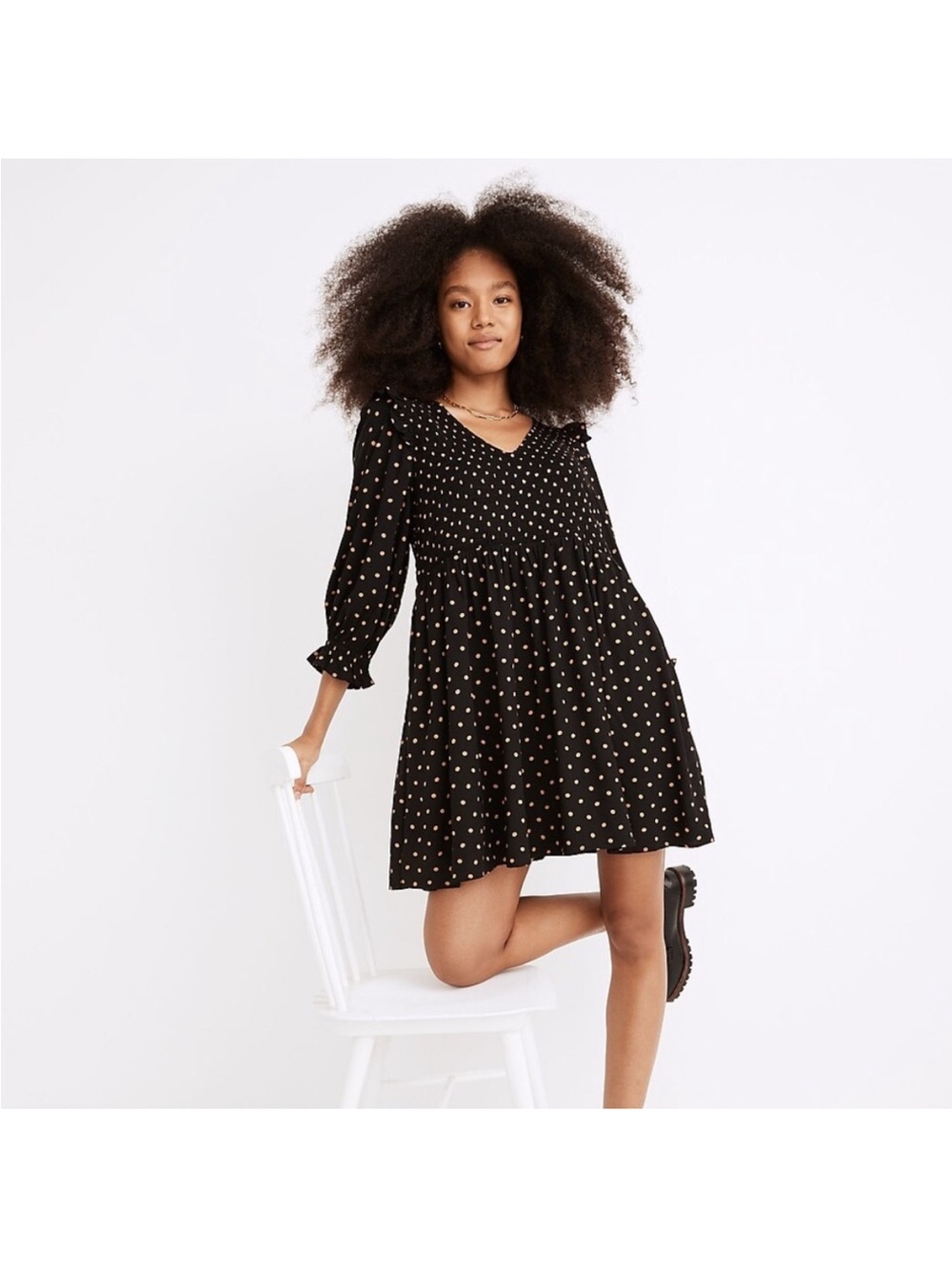 Madewell Lucie V-Neck Smocked Mini Dress in Oval Dot